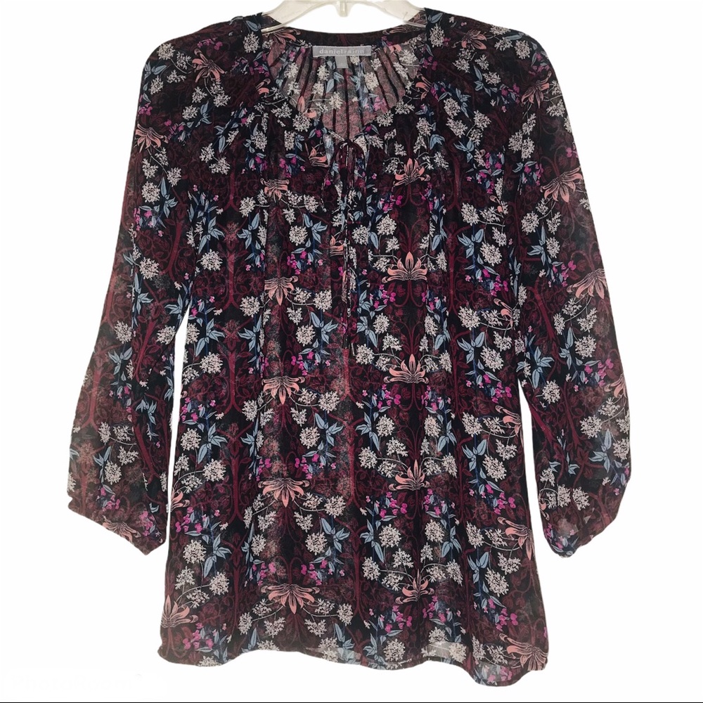 Daniel Rainn sheer maroon floral blouse small